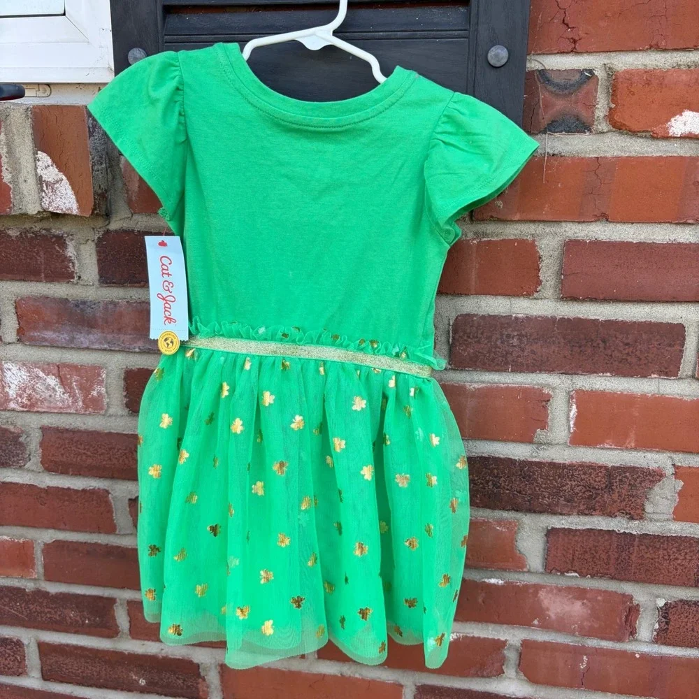 Cat & Jack Girls St Patricks Day Shamrock Tutu Dress Green Gold Sequin 3T NWT